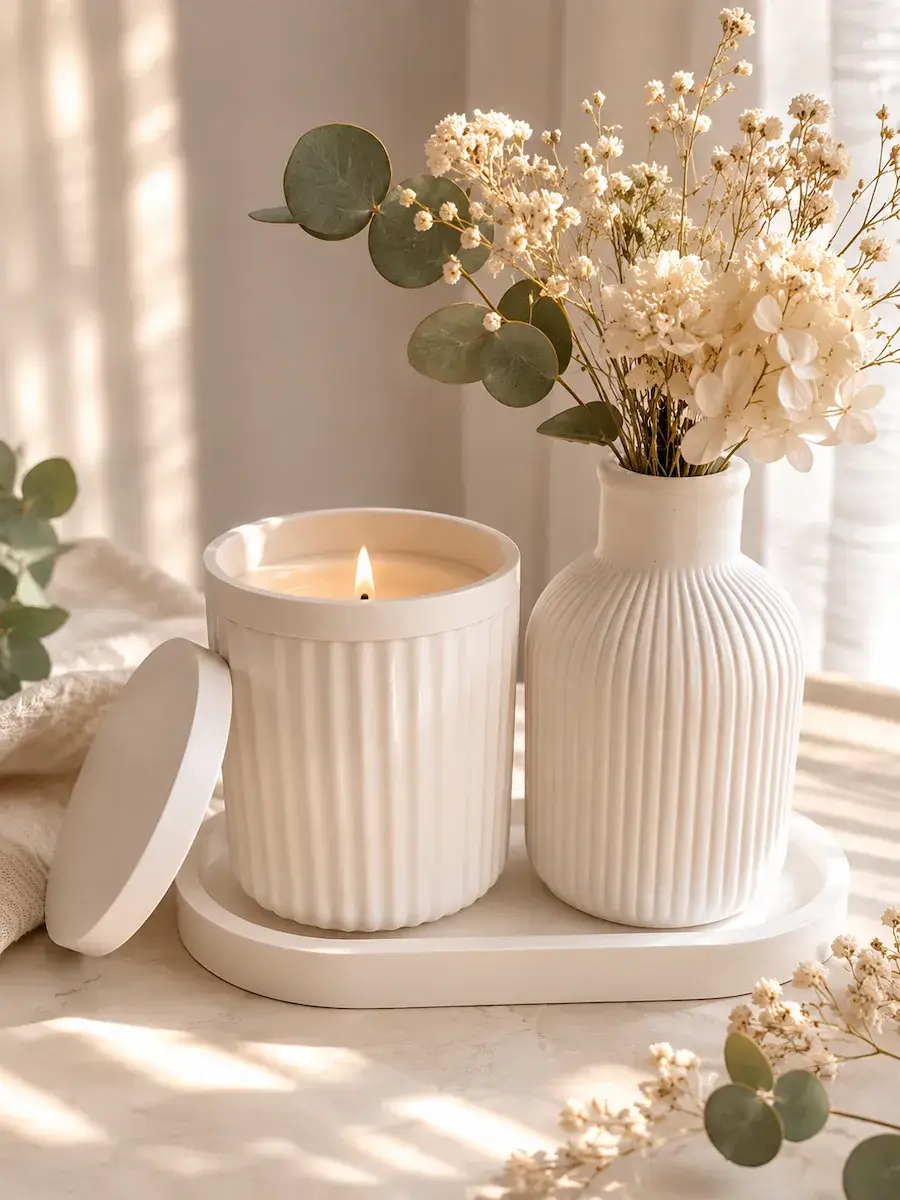 Plateau décoratif artisanal en résine acrylique minérale avec cache-pot Flora, fleurs séchées et bougie, création Calabougies dans une ambiance beige naturelle.
